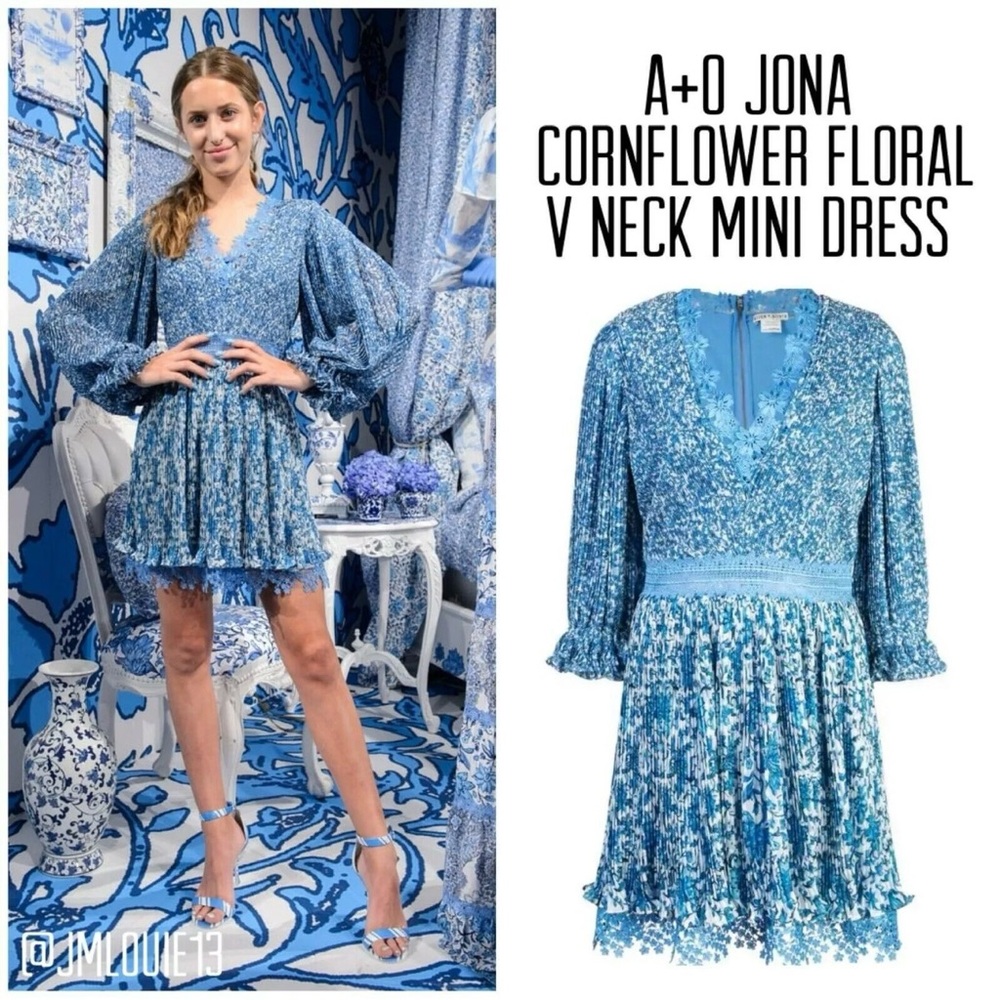 Alice + Olivia Jonna Cornflower Floral Pleated V Neck Mini Dress